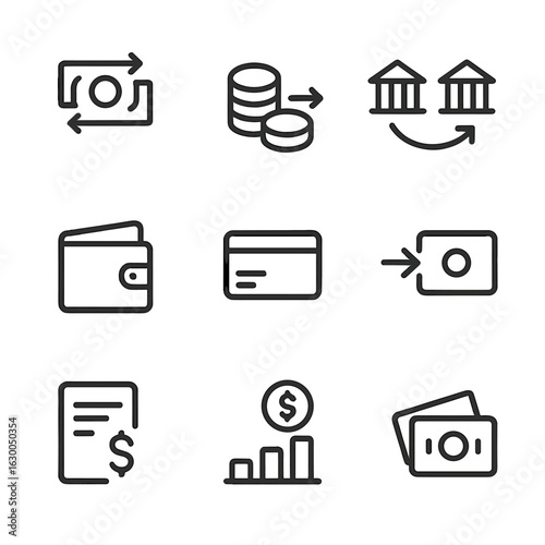 Finance Flow Icons. Outline icon set of money and finance flow: cash flow, coin stack, bank transfer, wallet, credit card, payment