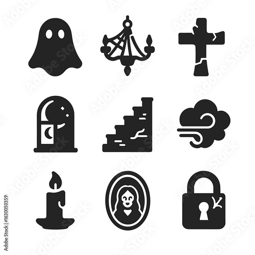 Haunted Ruins Icons. Solid, filled icons set of exploring haunted ruins: ghost icon, cobweb-covered chandelier