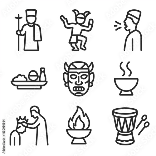 Royal Ceremony Icons. Outline icon set of royal burial ceremony: priest figure, ritual dance, sacred chant, offering tray,
