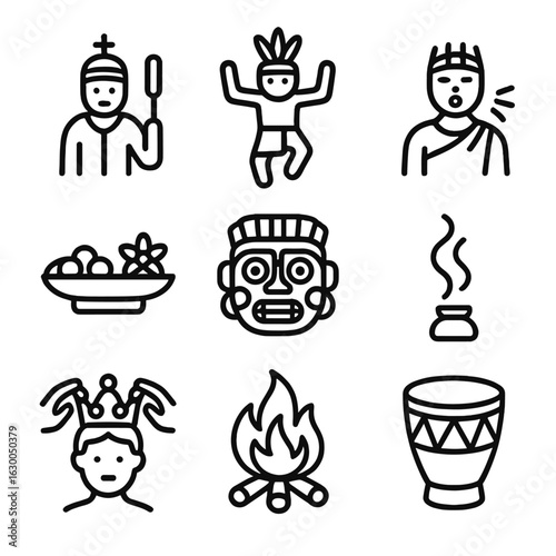 Royal Ceremony Icons. Outline icon set of royal burial ceremony: priest figure, ritual dance, sacred chant, offering tray,