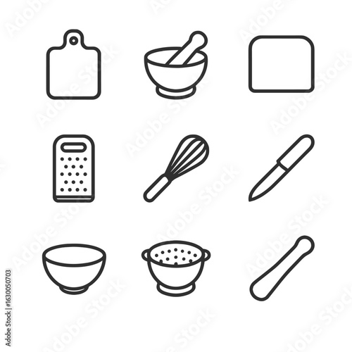 Culinary Tool Icons. Outline icon set of culinary preparation tools: chopping board, spice mortar, food scraper, zest grater, hand