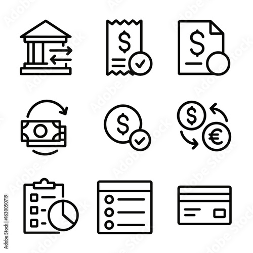 Financial Transaction Icons. Outline icon set of tracking financial transactions: bank transfer, payment receipt, invoice, cash