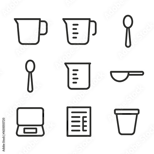 Culinary Measurement Icons. Outline icon set of culinary measuring: dry cup, liquid cup, teaspoon, tablespoon, milliliter beaker,