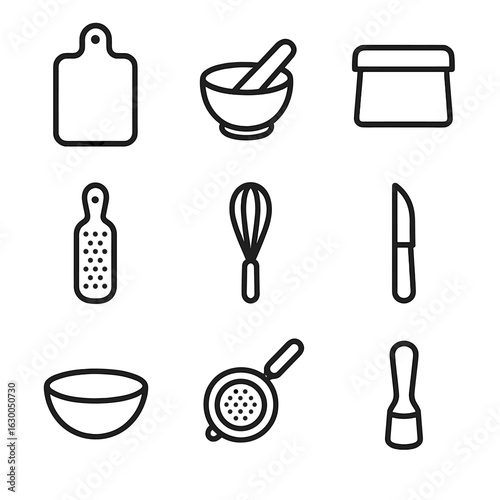 Culinary Tool Icons. Outline icon set of culinary preparation tools: chopping board, spice mortar, food scraper, zest grater, hand