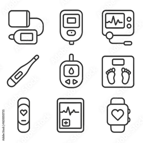 Health Monitoring Icons. Outline icon set of health monitoring devices: blood pressure cuff, pulse oximeter,
