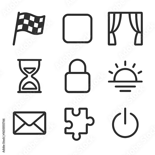 Finish Line Icons. Outline icon set of finish line: racing flag, stop button, closed curtain, hourglass finished, locked padlock,