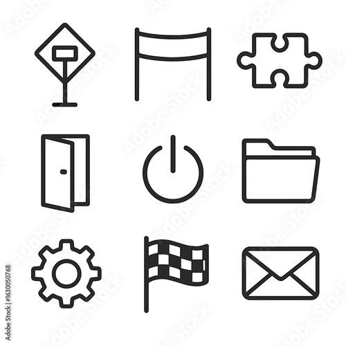 Finishing Signs Icons. Outline icon set of finishing signs: end road sign, finish line tape, last puzzle piece, exit door, power