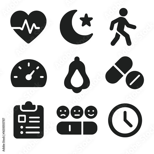 Health Monitoring Icons. Solid, filled icons set of health monitoring tools: heart rate, sleep quality,