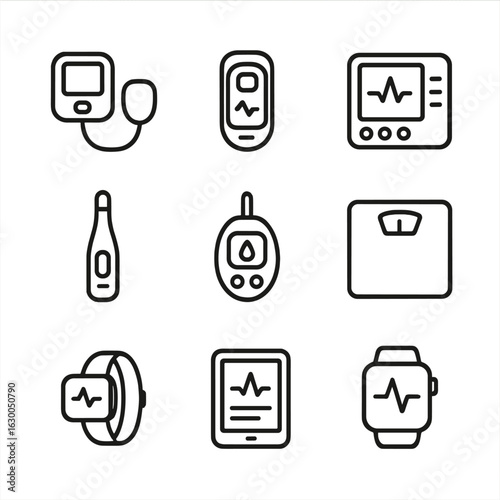 Health Monitoring Icons. Outline icon set of health monitoring devices: blood pressure cuff, pulse oximeter,