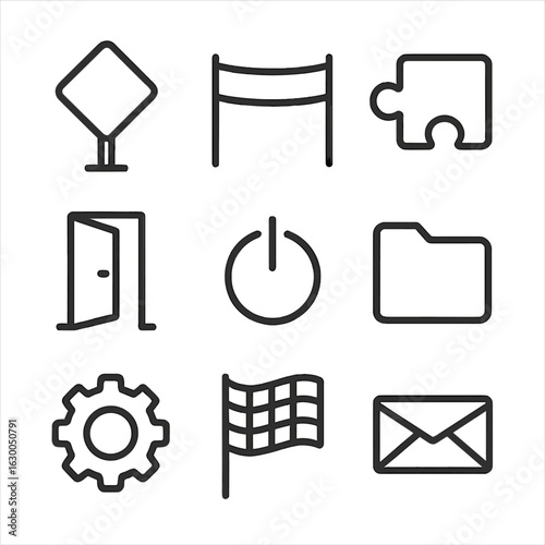 Finishing Signs Icons. Outline icon set of finishing signs: end road sign, finish line tape, last puzzle piece, exit door, power