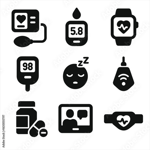 Health Monitoring Icons. Solid, filled icons set of Health monitoring and management: blood pressure monitor,