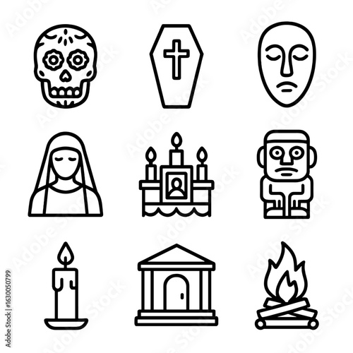 Cultural Death Icons. Outline icon set of cultural death symbols: Dia de los Muertos skull, coffin cross, funeral mask, mourning