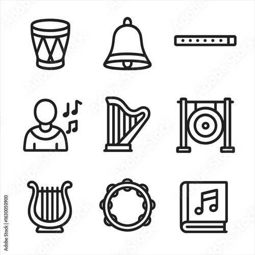 Sacred Music Icons Set. Outline icon set of sacred music: drum, bell, flute, chanting, harp, gong, lyre, tambourine, sacred