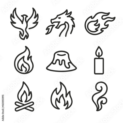 Fire Element Icons. Outline icon set of symbolic fire elements: phoenix rising, dragon flame, fireball, fire spiral, molten lava,