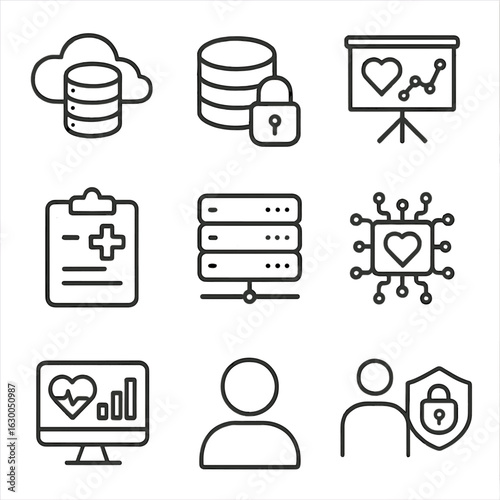 Healthcare Icon Grid. Outline icon set of healthcare data management: cloud database, encryption lock, data