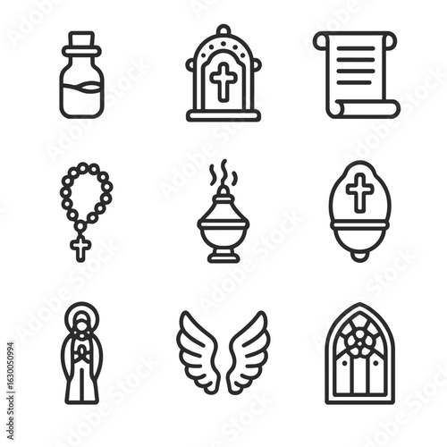 Sacred Relics and Texts. Outline icon set of sacred relics: vial of blood, relic case, ancient scroll, rosary beads, incense