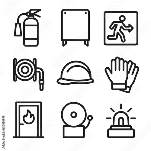 Fire Safety Icons. Outline icon set of fire safety equipment: fire extinguisher, fire blanket, emergency exit sign, fire hose,