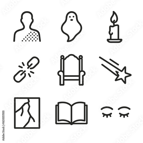 Sacrifice Icon Set. Outline icon set of ultimate sacrifice: fading silhouette, rising spirit, extinguished candle, broken chain,