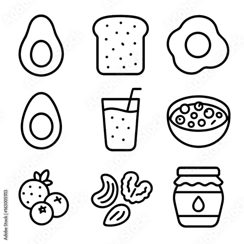 Healthy Breakfast Icons. Outline icon set of healthy breakfast: avocado, toast, fried egg, boiled egg,