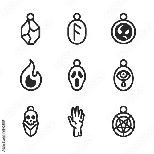 Cursed Amulets Icons. Outline icon set of cursed amulets: cracked gem, broken rune pendant, shadow medallion, black flame charm,