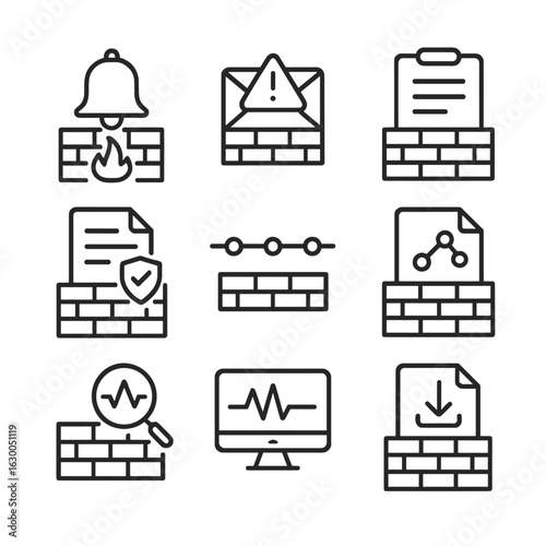 Firewall Icons Set. Outline icon set of firewall alerts and logs: notification bell, email alert, system log, security report,