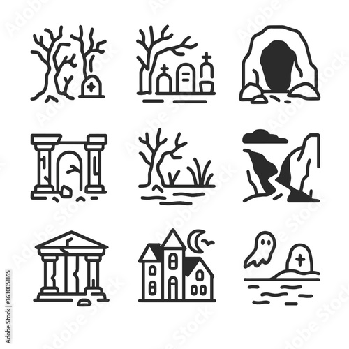 Cursed Environments Icons. Outline icon set of cursed environments: haunted forest, abandoned graveyard, dark cave, cursed ruins,