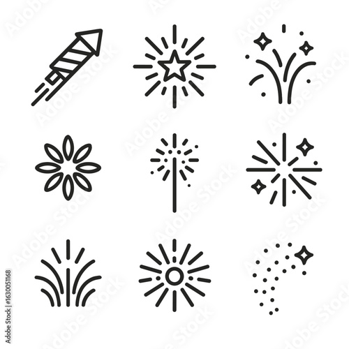 Fireworks Icon Collection. Outline icon set of burst firework: rocket launch, explosion star, spark trails, burst petals, sparkler