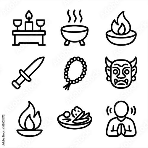 Sacrificial Rituals Icons. Outline icon set of sacrificial rituals: altar, incense, fire bowl, ceremonial knife, prayer beads,