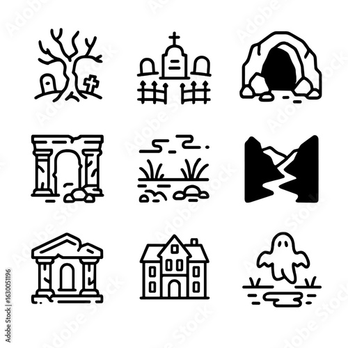 Cursed Environments Icons. Outline icon set of cursed environments: haunted forest, abandoned graveyard, dark cave, cursed ruins,