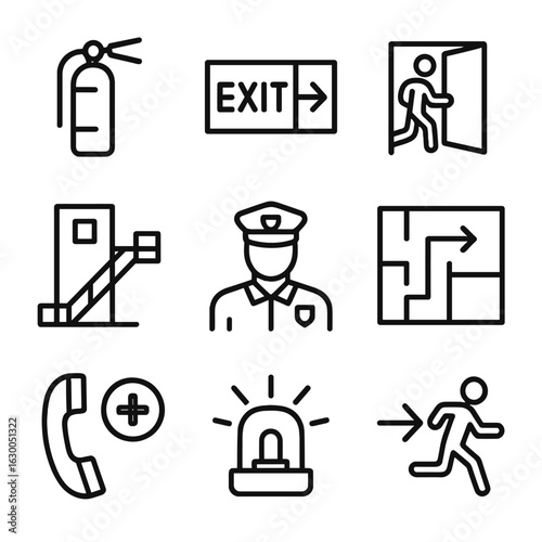 Safety Measure Icons. Outline icon set of blackout safety measures: fire extinguisher, exit sign, emergency door, fire escape,