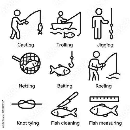 Fishing Techniques Icons. Outline icon set of fishing techniques: casting, trolling, jigging, netting, baiting, reeling, knot