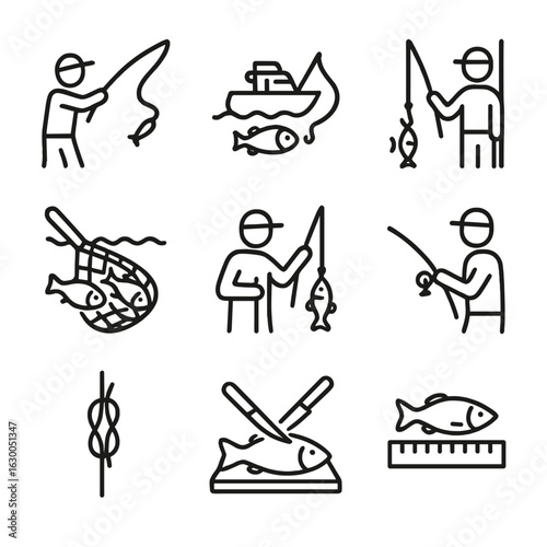 Fishing Techniques Icons. Outline icon set of fishing techniques: casting, trolling, jigging, netting, baiting, reeling, knot