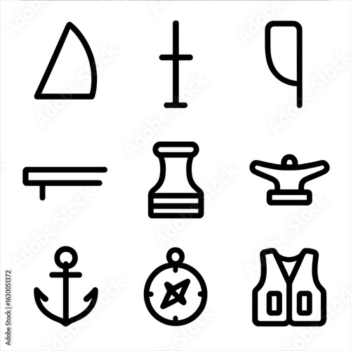 Sailing Equipment Icons. Outline icon set of sailing equipment: sail, mast, rudder, boom, winch, cleat, anchor, compass, life