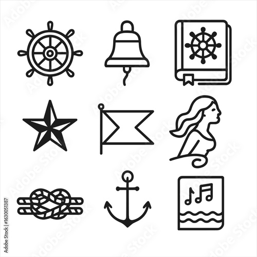 Sailing Icon Set. Outline icon set of sailing traditions: captain’s wheel, ship’s bell, logbook, nautical star, maritime flag,
