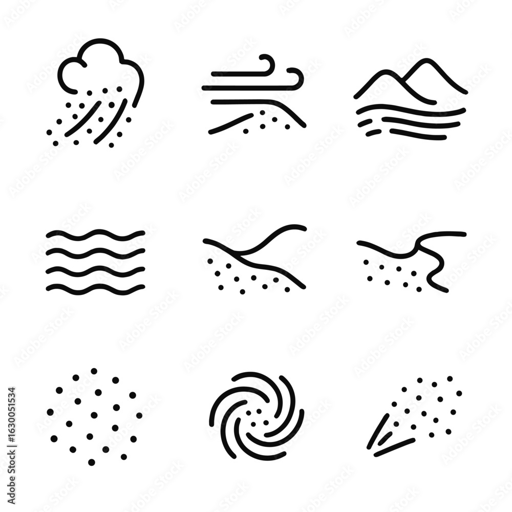 Fototapeta premium Sand Motion Icons. Outline icon set of sand erosion and movement: sandstorm, wind blowing sand, shifting dunes, sand ripple effect
