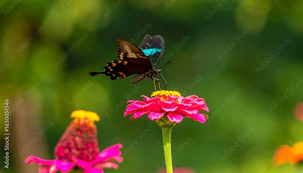 Fototapeta premium Vivid Butterfly Perched on Pink Zinnia with Turquoise Wing Detail and Green Background