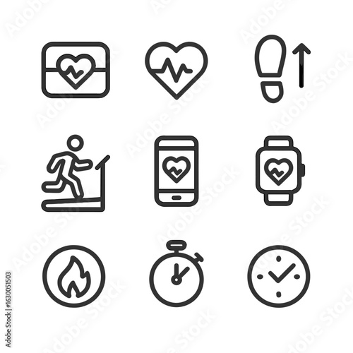 Fitness Tracking Icons. Outline icon set of beat in fitness tracking: pulse monitor, heart rate tracker, step counter, treadmill,