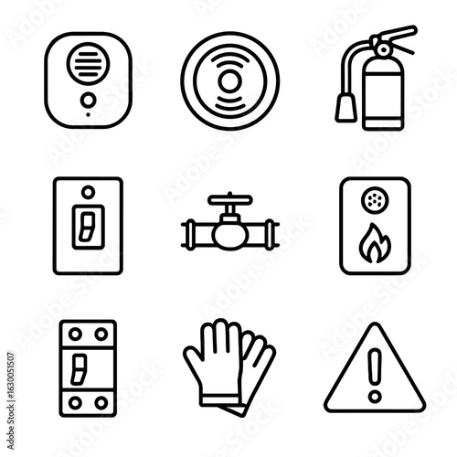 Heating and Cooling Safety Icons. Outline icon set of heating and cooling safety: carbon monoxide detector,