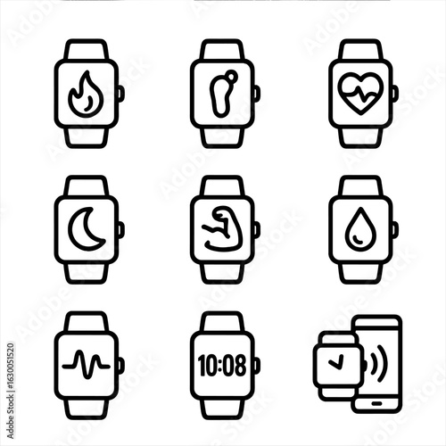 Fitness Tracker Icons. Outline icon set of fitness trackers: calorie counter, step tracker, heart rate icon, sleep monitor,