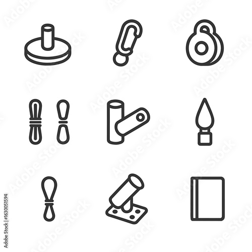 Flag Accessories Icons. Outline icon set of flag accessories and hardware: flagpole base, flag clip, pulley, flag rope, flag