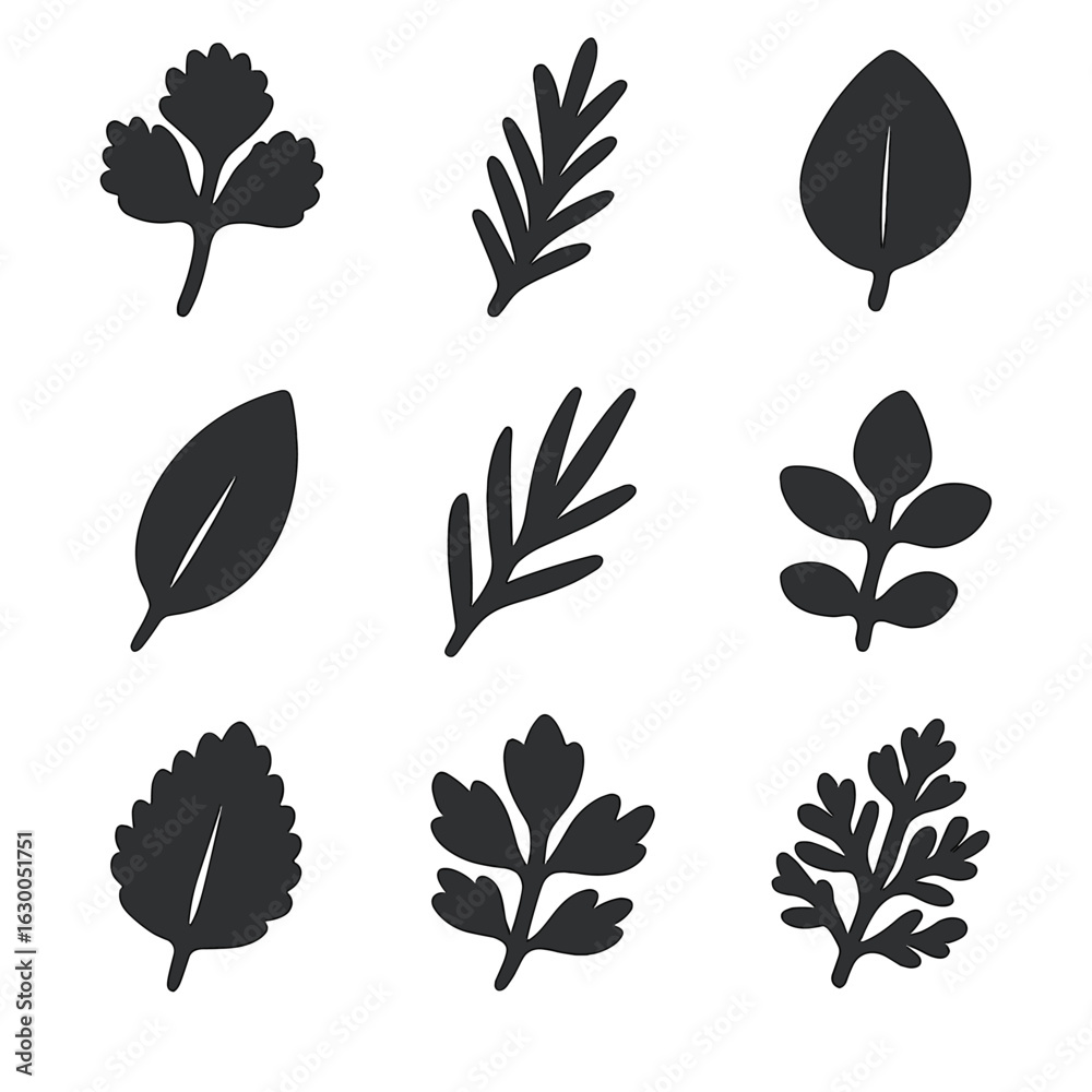 Fototapeta premium Herb Icons Grid. Solid, filled icons set of garnishing herbs: cilantro sprig, rosemary twig, oregano leaf,
