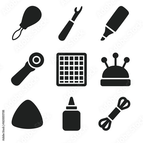Heirloom Crafting Tools Icons. Solid, filled icons set of heirloom crafting tools: needle threader, seam