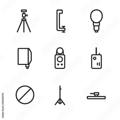 Flash Photography Icon Set. Outline icon set of flash photography gear: tripod, flash bracket, diffuser, softbox, light meter,