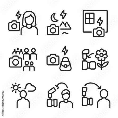 Flash Photography Icons. Outline icon set of flash photography scenes: portrait with flash, night flash, indoor flash, outdoor