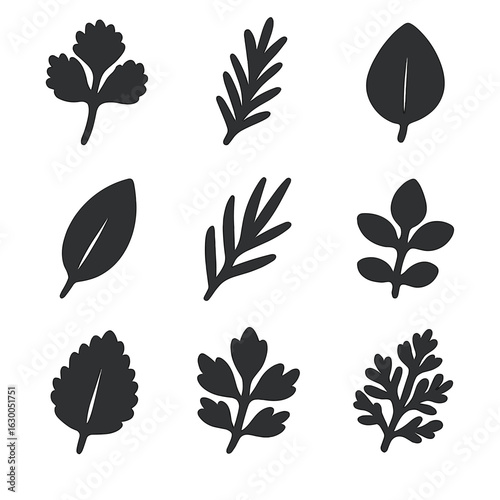 Herb Icons Grid. Solid, filled icons set of garnishing herbs: cilantro sprig, rosemary twig, oregano leaf,