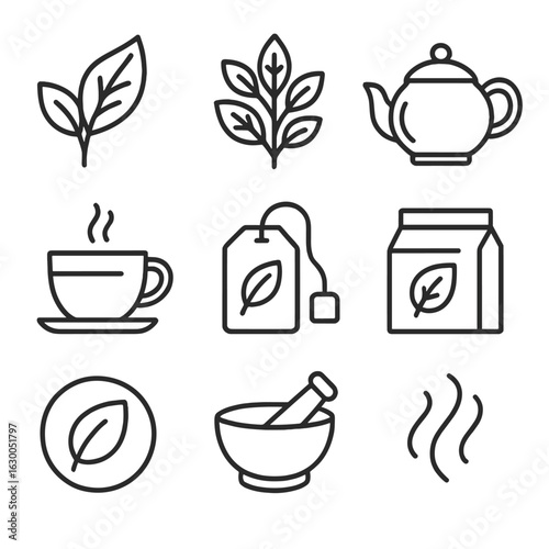 Herbal Tea Icons. Outline icon set of organic herbal tea blends and packaging: tea leaf, herbal plant, teapot,