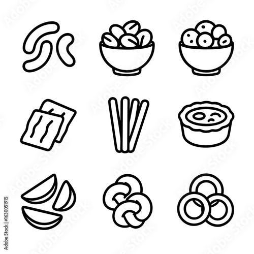 Savory Snacks Icons. Outline icon set of savory snacks: cheese puffs, salted nuts, wasabi peas, jerky, breadsticks, mini quiche,