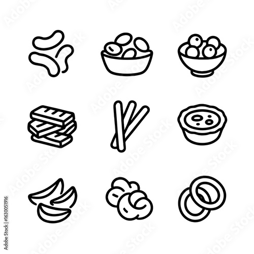 Savory Snacks Icons. Outline icon set of savory snacks: cheese puffs, salted nuts, wasabi peas, jerky, breadsticks, mini quiche,