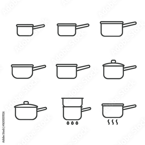 Saucepan Icon Set. Outline icon set of saucepans: small saucepan, medium saucepan, large saucepan, non-stick saucepan, stainless