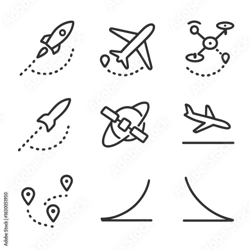 Flight Trajectories Icons. Outline icon set of flight trajectories: rocket path, airplane route, drone flight path, missile